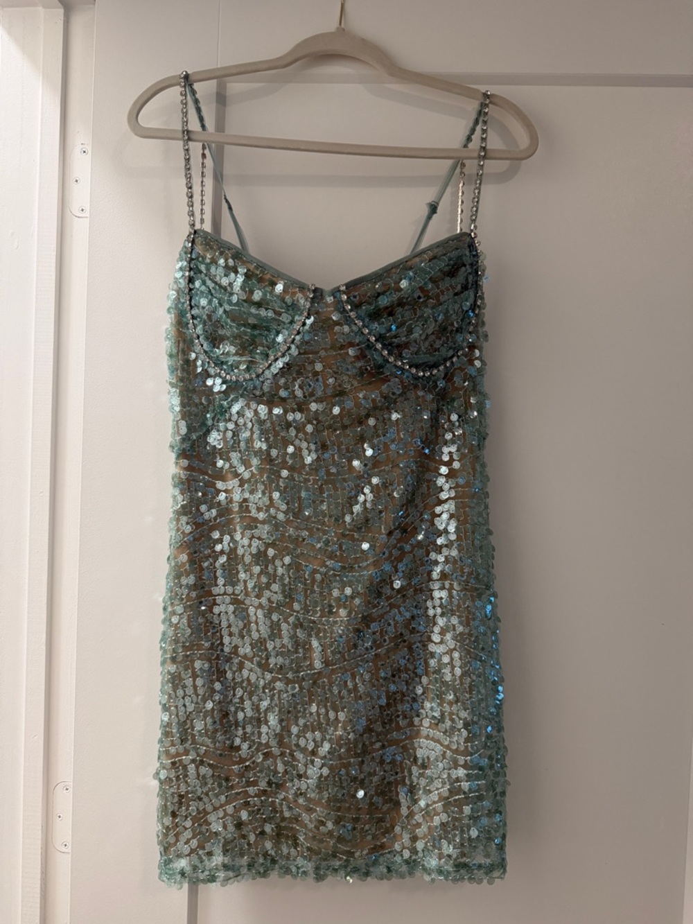 Fashion Nova Mint Green Sequin Mini Dress with Rhinestone Trim
